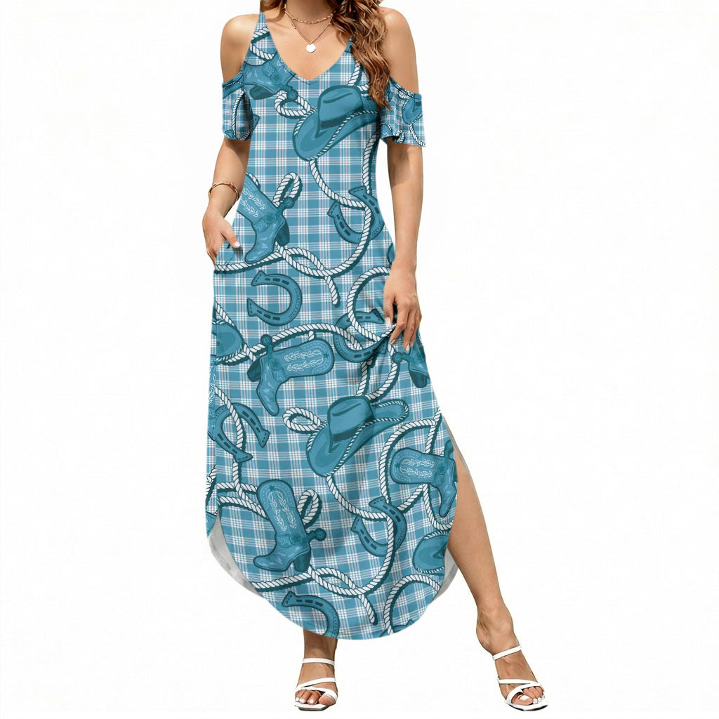Blue Hawaii Palaka Cowboy Summer Maxi Dress Hawaiian Paniolo Festival Spirit