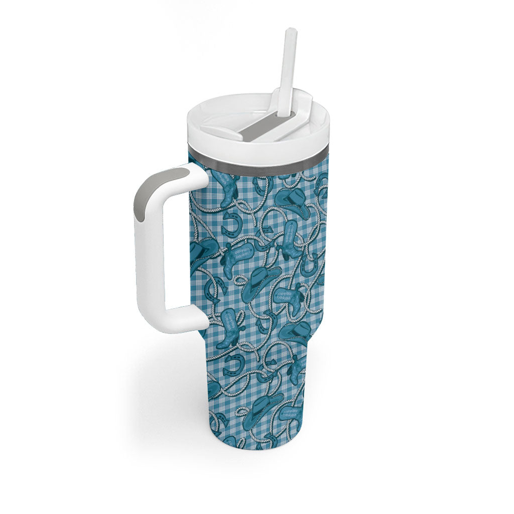 Blue Hawaii Palaka Cowboy Tumbler With Handle Hawaiian Paniolo Festival Spirit