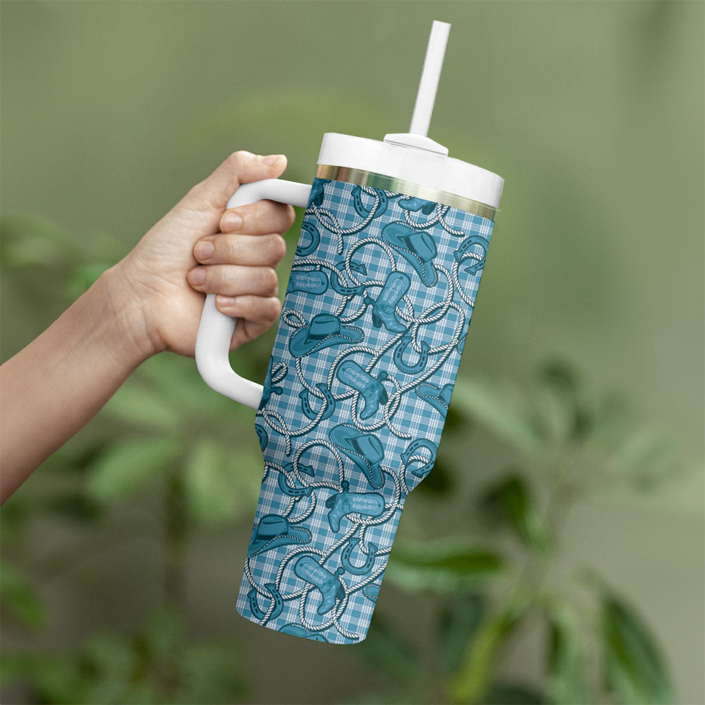 Blue Hawaii Palaka Cowboy Tumbler With Handle Hawaiian Paniolo Festival Spirit