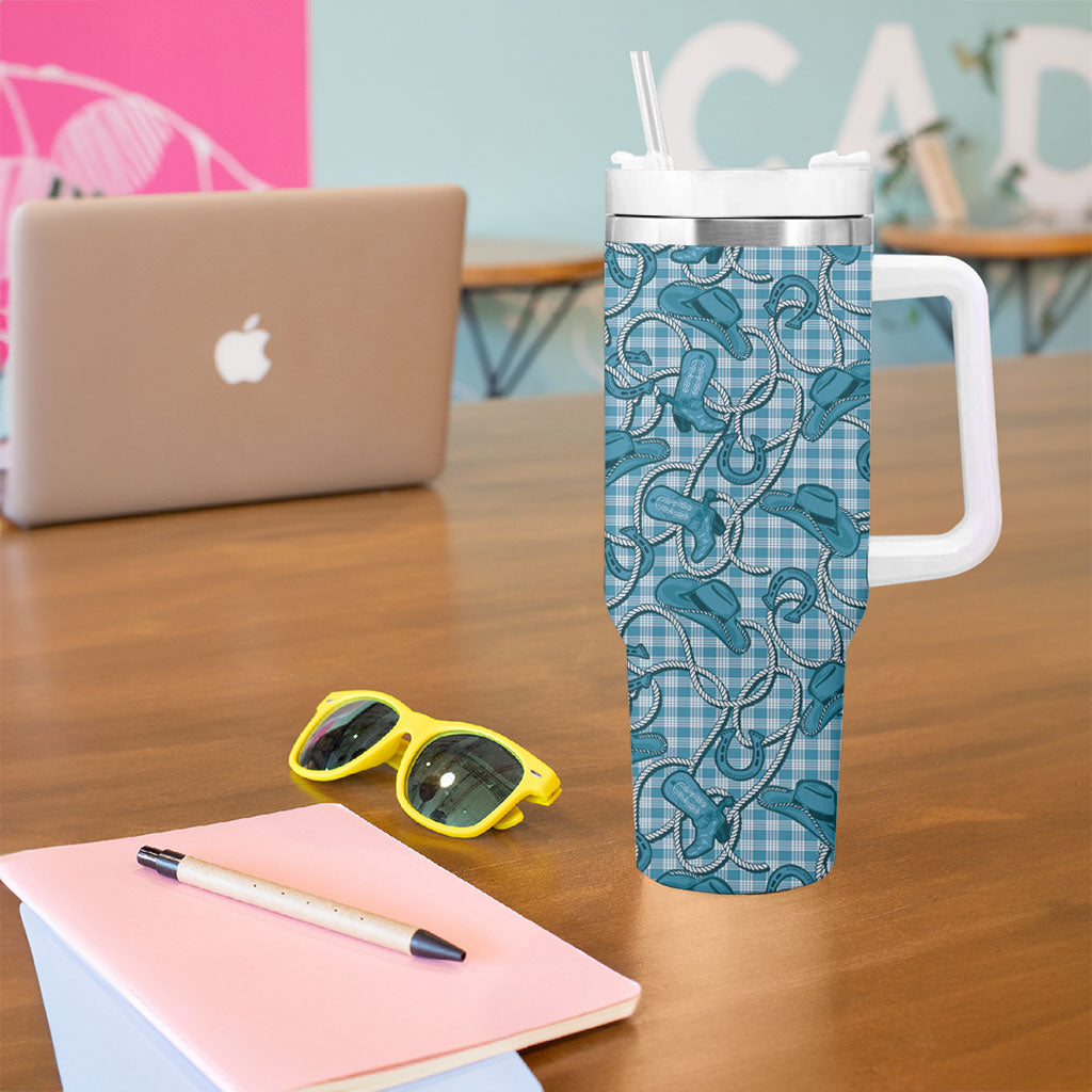 Blue Hawaii Palaka Cowboy Tumbler With Handle Hawaiian Paniolo Festival Spirit