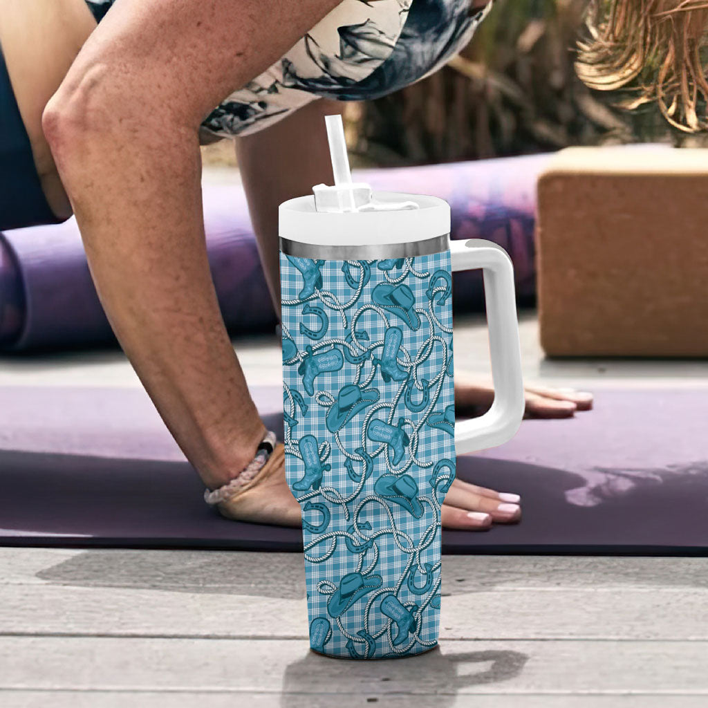 Blue Hawaii Palaka Cowboy Tumbler With Handle Hawaiian Paniolo Festival Spirit