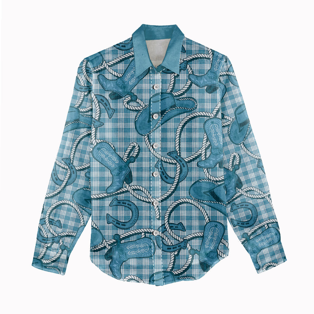 Blue Hawaii Palaka Cowboy Women Casual Shirt Hawaiian Paniolo Festival Spirit