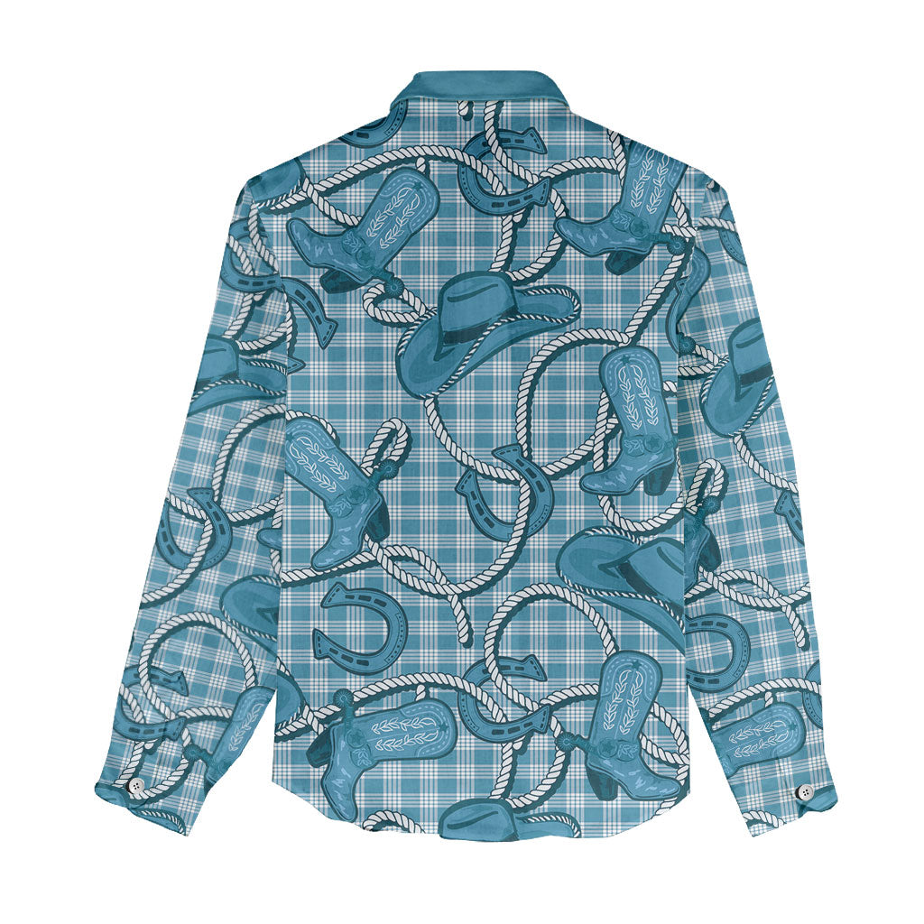 Blue Hawaii Palaka Cowboy Women Casual Shirt Hawaiian Paniolo Festival Spirit