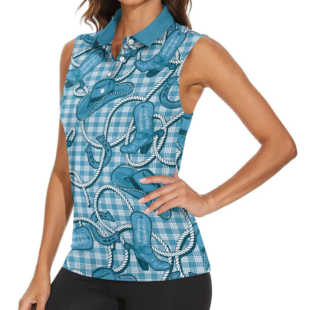 Blue Hawaii Palaka Cowboy Women Sleeveless Polo Shirt Hawaiian Paniolo Festival Spirit