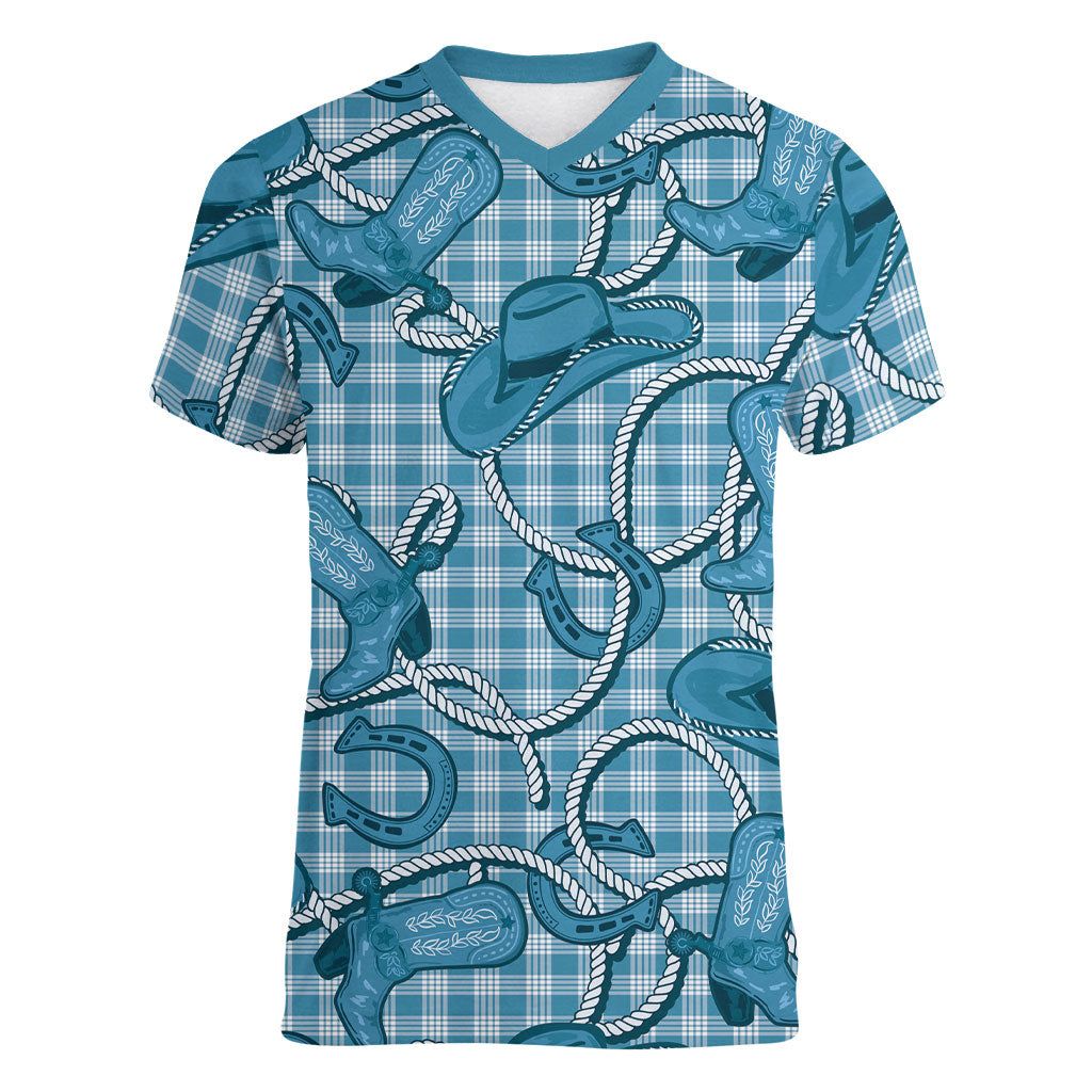 Blue Hawaii Palaka Cowboy Women V-Neck T-Shirt Hawaiian Paniolo Festival Spirit