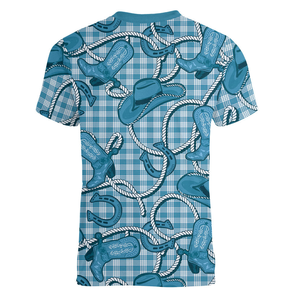 Blue Hawaii Palaka Cowboy Women V-Neck T-Shirt Hawaiian Paniolo Festival Spirit