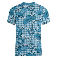 Blue Hawaii Palaka Cowboy Women V-Neck T-Shirt Hawaiian Paniolo Festival Spirit