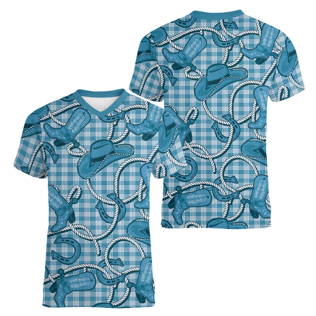 Blue Hawaii Palaka Cowboy Women V-Neck T-Shirt Hawaiian Paniolo Festival Spirit