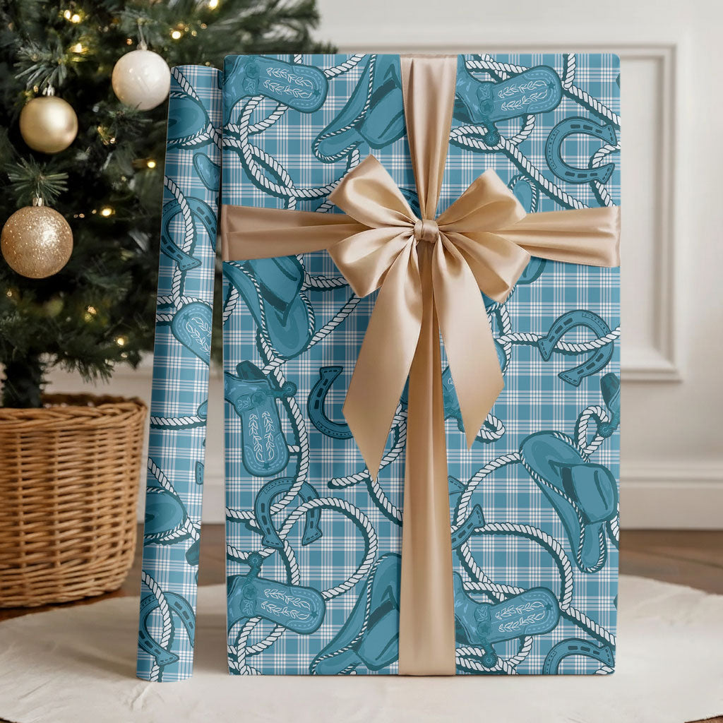 Blue Hawaii Palaka Cowboy Wrapping Paper Hawaiian Paniolo Festival Spirit