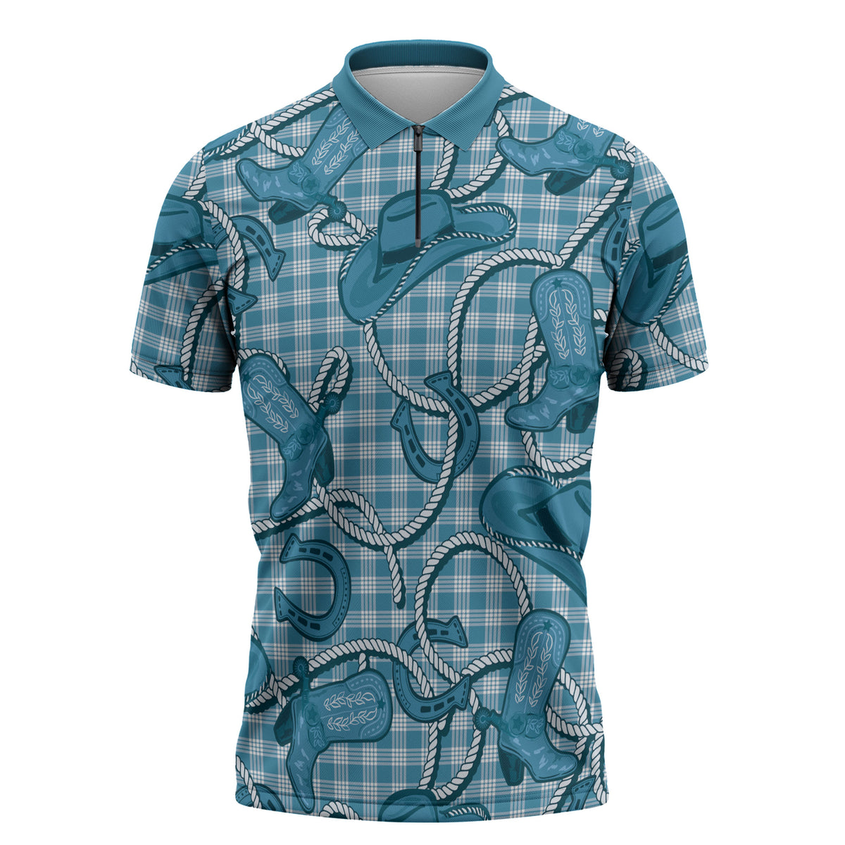 Blue Hawaii Palaka Cowboy Zipper Polo Shirt Hawaiian Paniolo Festival Spirit