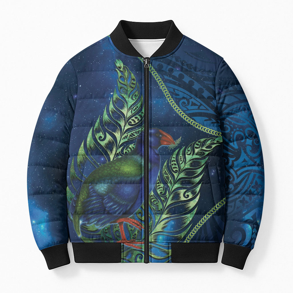 New Zealand Takahe Personalised Bomber Puffer Jacket Silver Fern Galaxy Polynesian Pattern