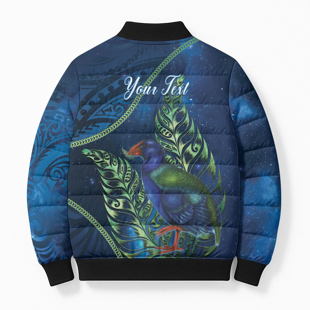 New Zealand Takahe Personalised Bomber Puffer Jacket Silver Fern Galaxy Polynesian Pattern
