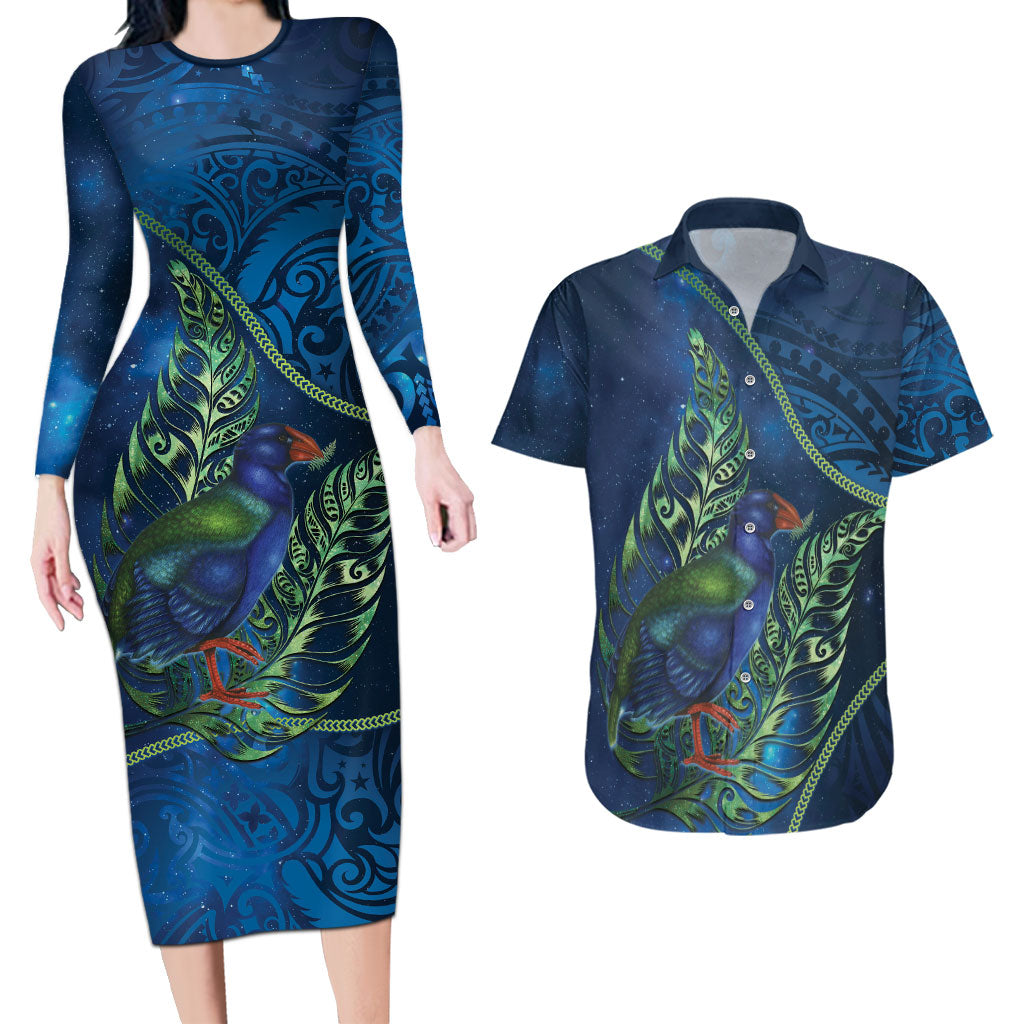 New Zealand Takahe Personalised Couples Matching Long Sleeve Bodycon Dress and Hawaiian Shirt Silver Fern Galaxy Polynesian Pattern