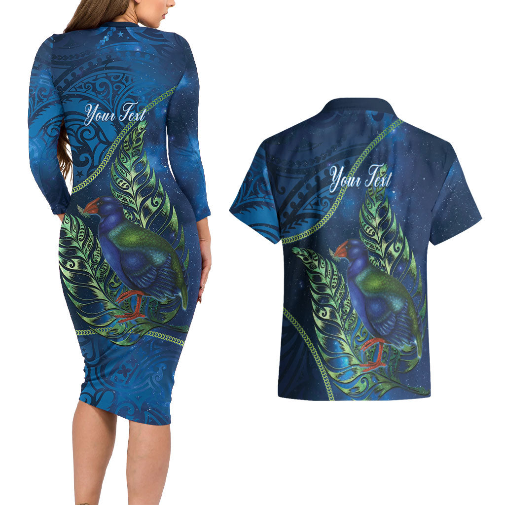 New Zealand Takahe Personalised Couples Matching Long Sleeve Bodycon Dress and Hawaiian Shirt Silver Fern Galaxy Polynesian Pattern