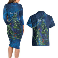 New Zealand Takahe Personalised Couples Matching Long Sleeve Bodycon Dress and Hawaiian Shirt Silver Fern Galaxy Polynesian Pattern