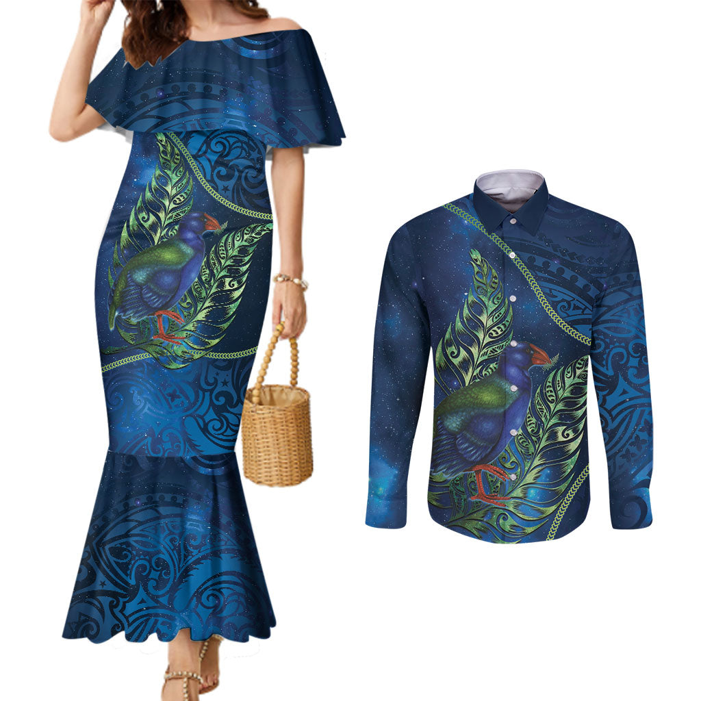 New Zealand Takahe Personalised Couples Matching Mermaid Dress and Long Sleeve Button Shirt Silver Fern Galaxy Polynesian Pattern