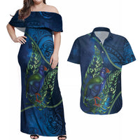 New Zealand Takahe Personalised Couples Matching Off Shoulder Maxi Dress and Hawaiian Shirt Silver Fern Galaxy Polynesian Pattern