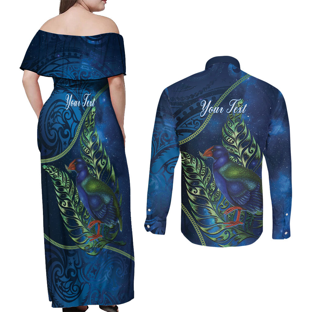 New Zealand Takahe Personalised Couples Matching Off Shoulder Maxi Dress and Long Sleeve Button Shirt Silver Fern Galaxy Polynesian Pattern