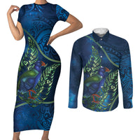 New Zealand Takahe Personalised Couples Matching Short Sleeve Bodycon Dress and Long Sleeve Button Shirt Silver Fern Galaxy Polynesian Pattern