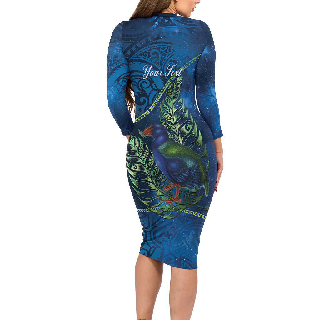 New Zealand Takahe Personalised Family Matching Long Sleeve Bodycon Dress and Hawaiian Shirt Silver Fern Galaxy Polynesian Pattern