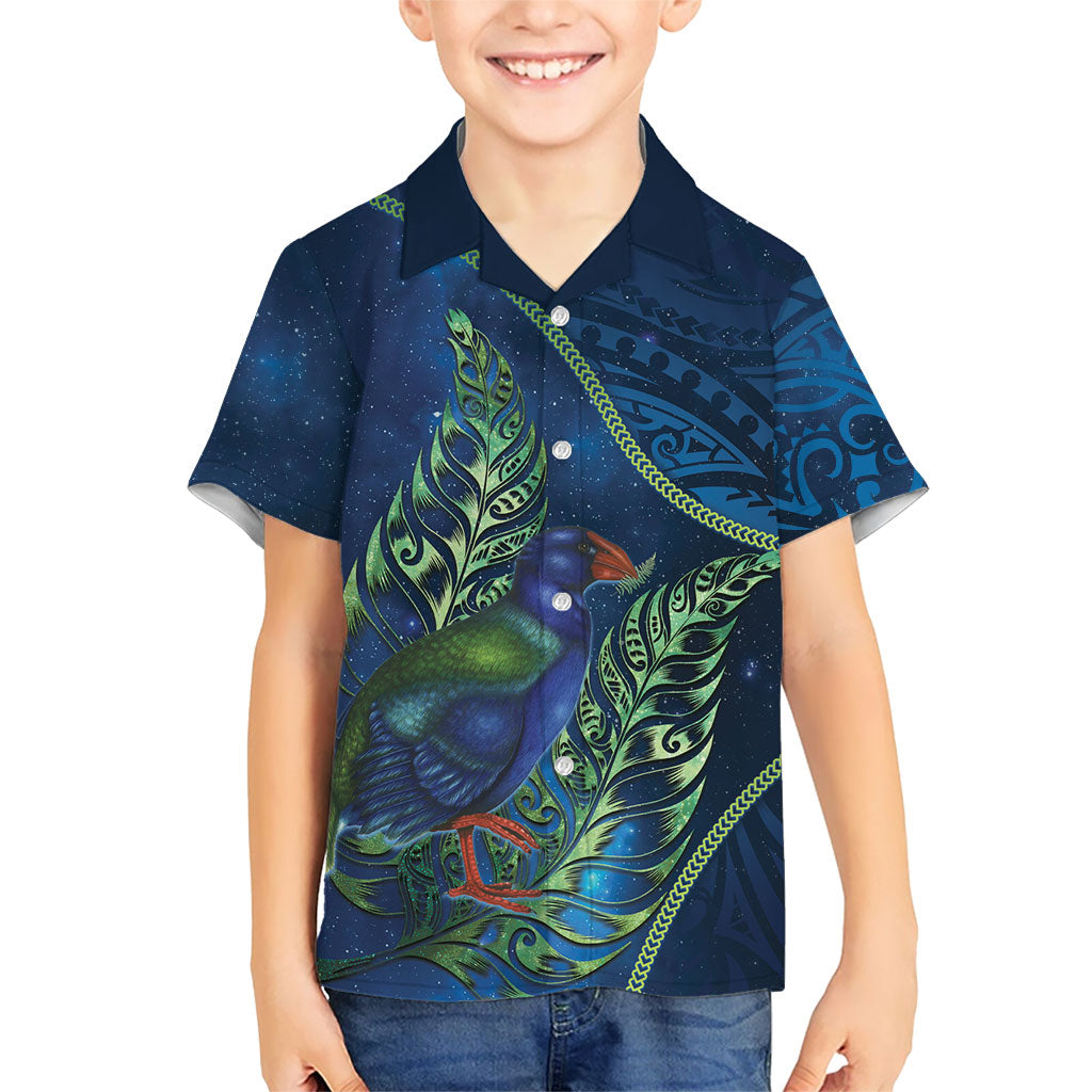 New Zealand Takahe Personalised Family Matching Off Shoulder Short Dress and Hawaiian Shirt Silver Fern Galaxy Polynesian Pattern