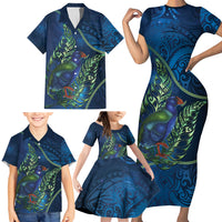 New Zealand Takahe Personalised Family Matching Short Sleeve Bodycon Dress and Hawaiian Shirt Silver Fern Galaxy Polynesian Pattern