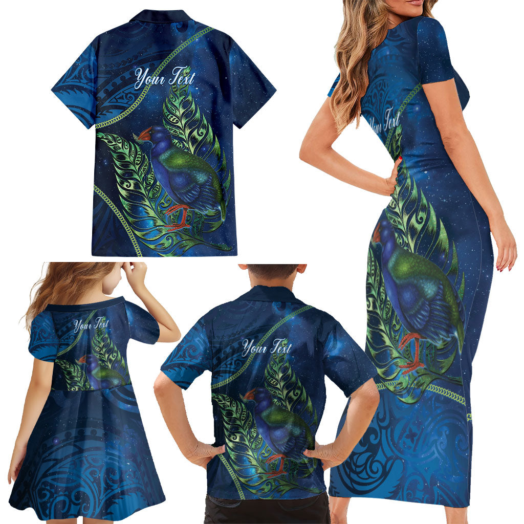 New Zealand Takahe Personalised Family Matching Short Sleeve Bodycon Dress and Hawaiian Shirt Silver Fern Galaxy Polynesian Pattern