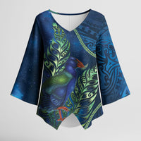 New Zealand Takahe Personalised Kimono Sleeve Blouse Silver Fern Galaxy Polynesian Pattern