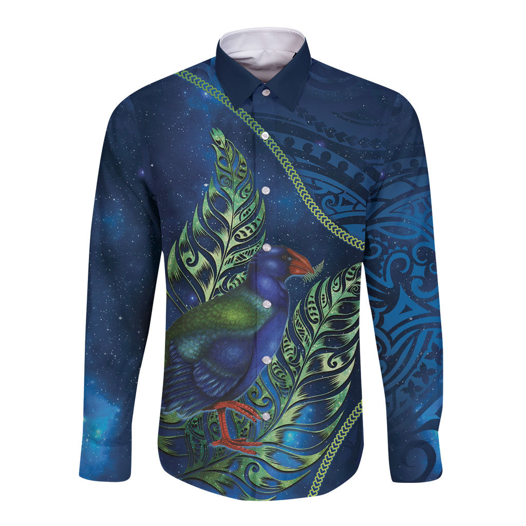 New Zealand Takahe Personalised Long Sleeve Button Shirt Silver Fern Galaxy Polynesian Pattern