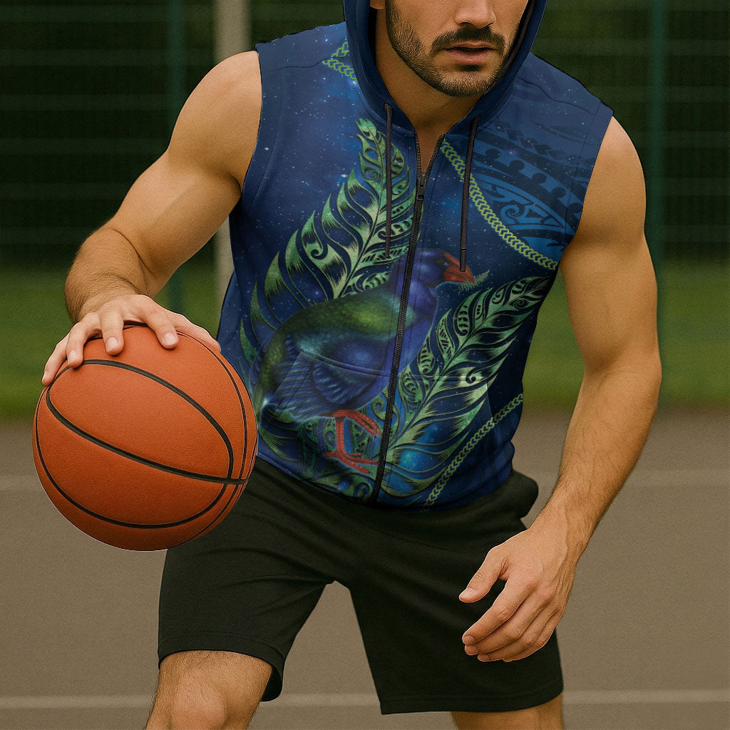 New Zealand Takahe Personalised Sleeveless Zip Hoodie Silver Fern Galaxy Polynesian Pattern