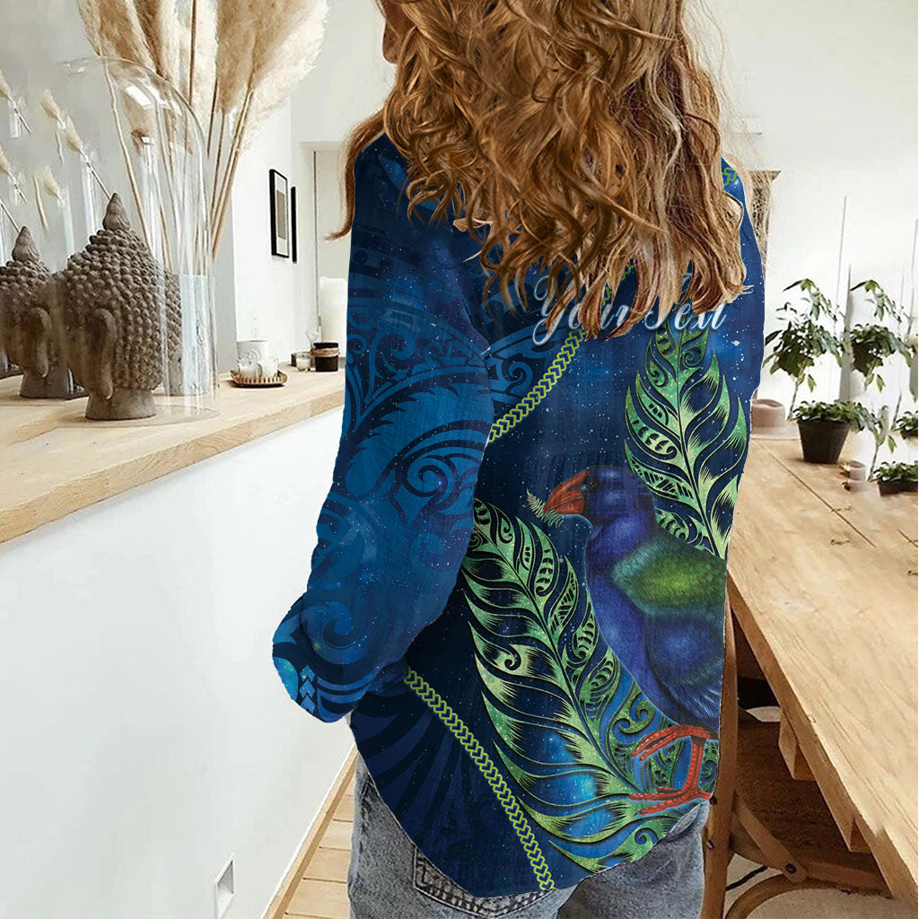 New Zealand Takahe Personalised Women Casual Shirt Silver Fern Galaxy Polynesian Pattern
