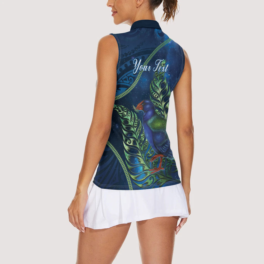 New Zealand Takahe Personalised Women Sleeveless Polo Shirt Silver Fern Galaxy Polynesian Pattern