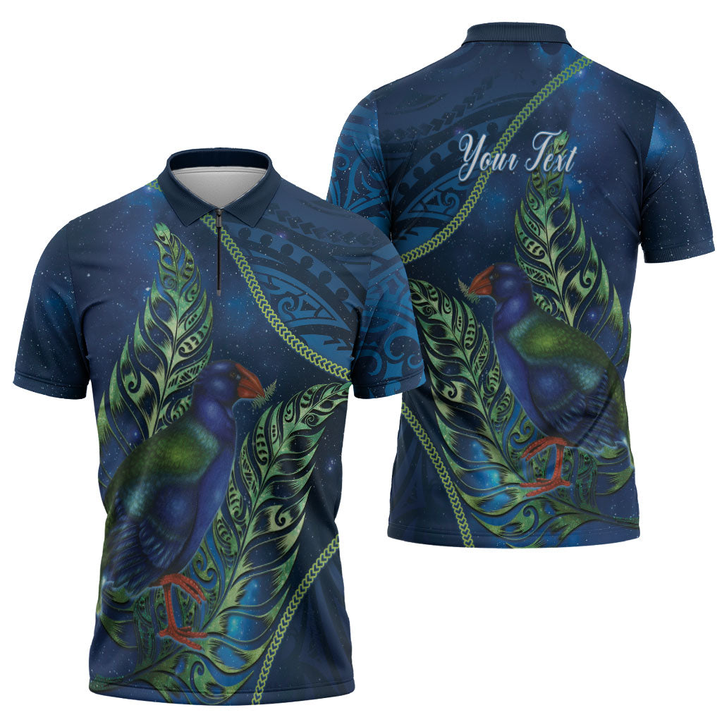 New Zealand Takahe Personalised Zipper Polo Shirt Silver Fern Galaxy Polynesian Pattern