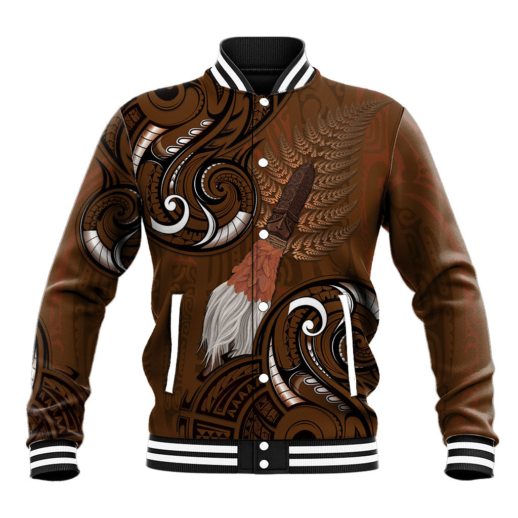 New Zealand Taiaha Baseball Jacket Maori Weapon Silver Fern Maori Pattern LT22 Unisex Brown - Polynesian Pride