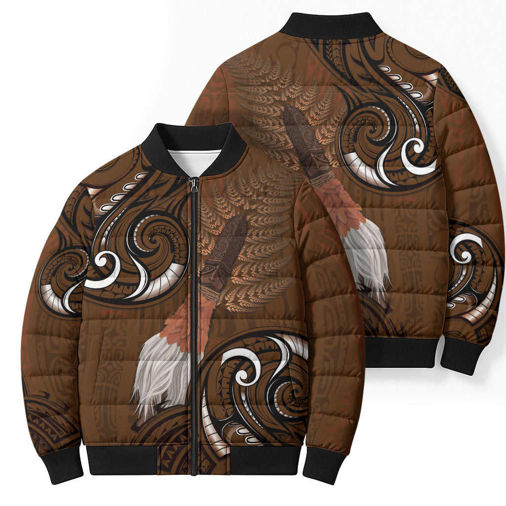 New Zealand Taiaha Bomber Puffer Jacket Maori Weapon Silver Fern Maori Pattern