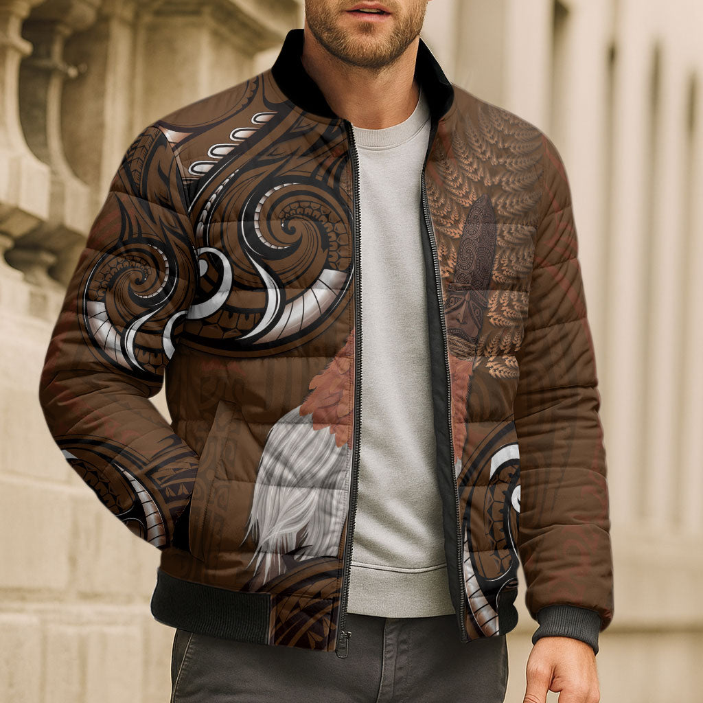 New Zealand Taiaha Bomber Puffer Jacket Maori Weapon Silver Fern Maori Pattern