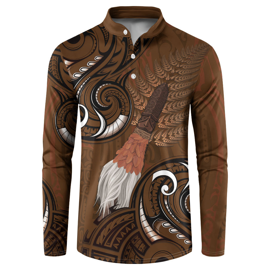 New Zealand Taiaha Button Sweatshirt Maori Weapon Silver Fern Maori Pattern LT22 Brown - Polynesian Pride