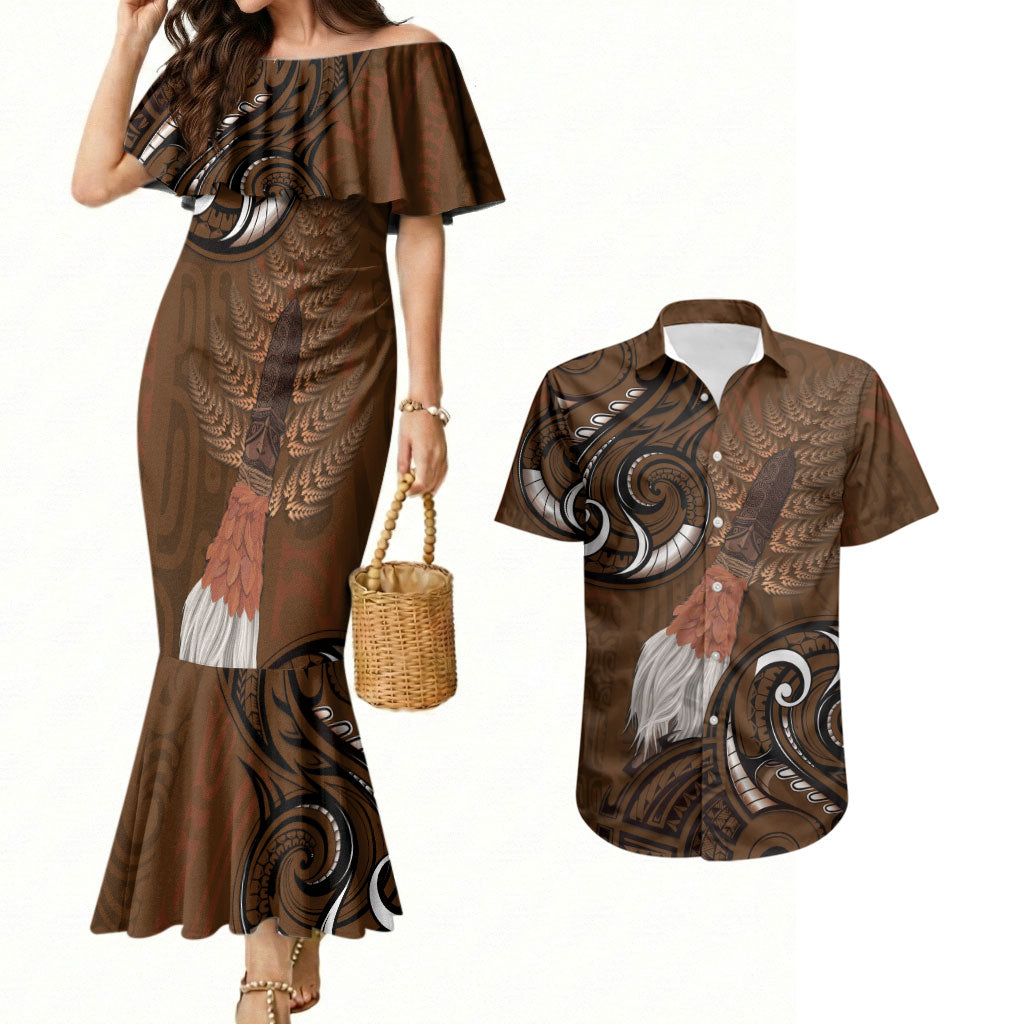 New Zealand Taiaha Couples Matching Mermaid Dress and Hawaiian Shirt Maori Weapon Silver Fern Maori Pattern LT22 Brown - Polynesian Pride