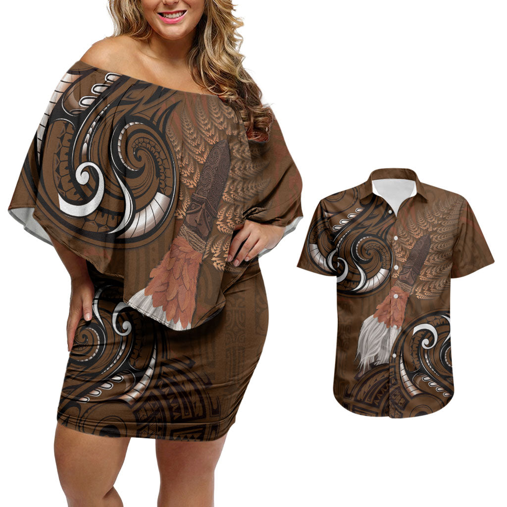 New Zealand Taiaha Couples Matching Off Shoulder Short Dress and Hawaiian Shirt Maori Weapon Silver Fern Maori Pattern