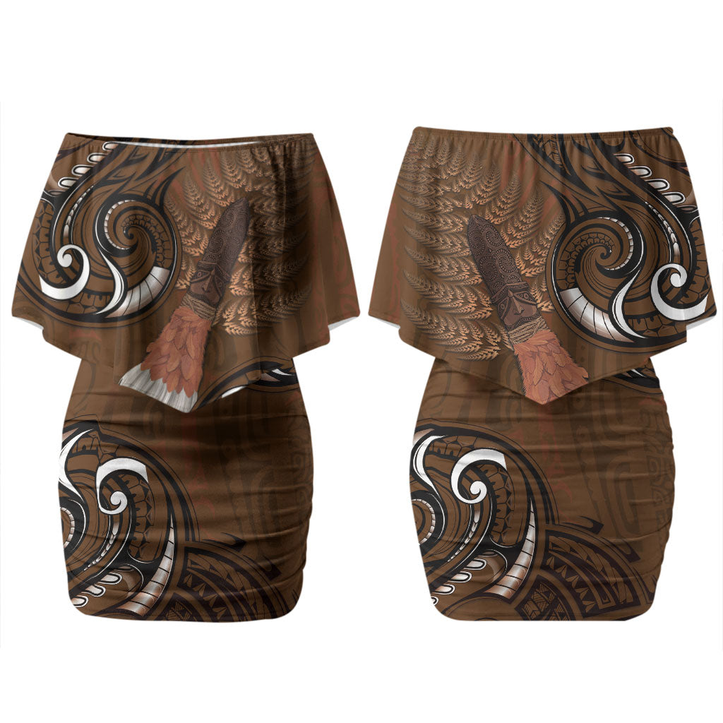 New Zealand Taiaha Couples Matching Off Shoulder Short Dress and Hawaiian Shirt Maori Weapon Silver Fern Maori Pattern