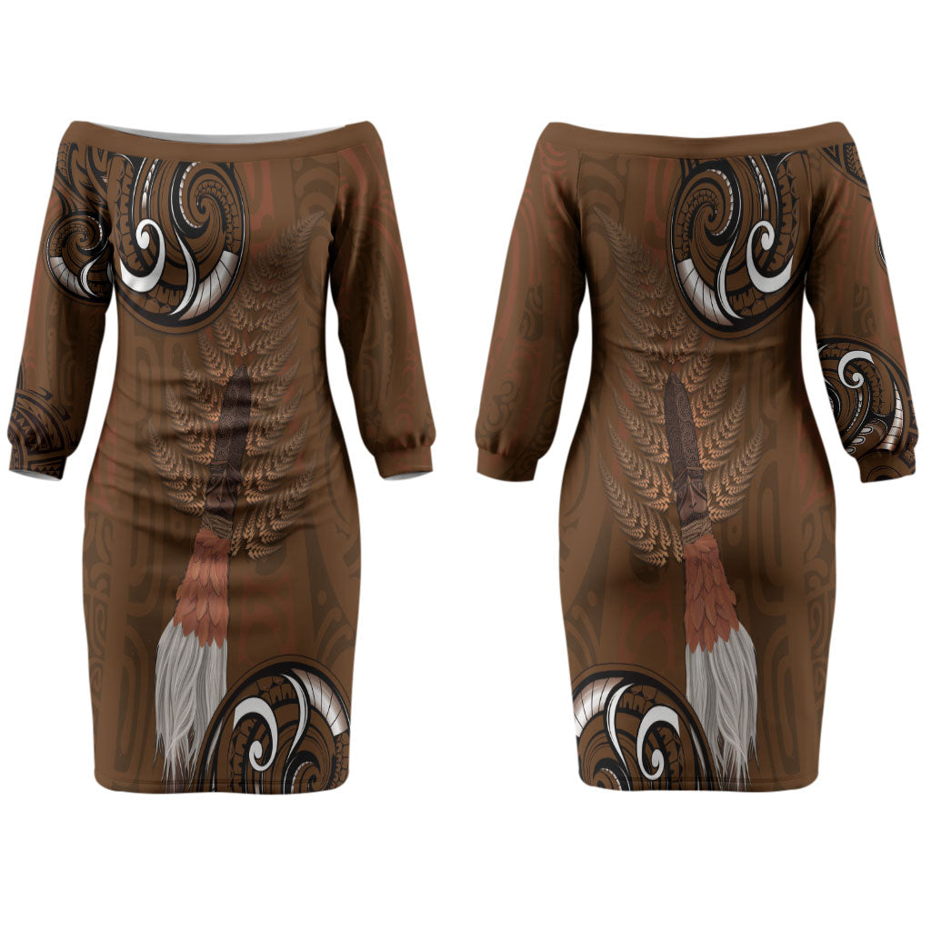 New Zealand Taiaha Couples Matching Off The Shoulder Long Sleeve Dress and Hawaiian Shirt Maori Weapon Silver Fern Maori Pattern