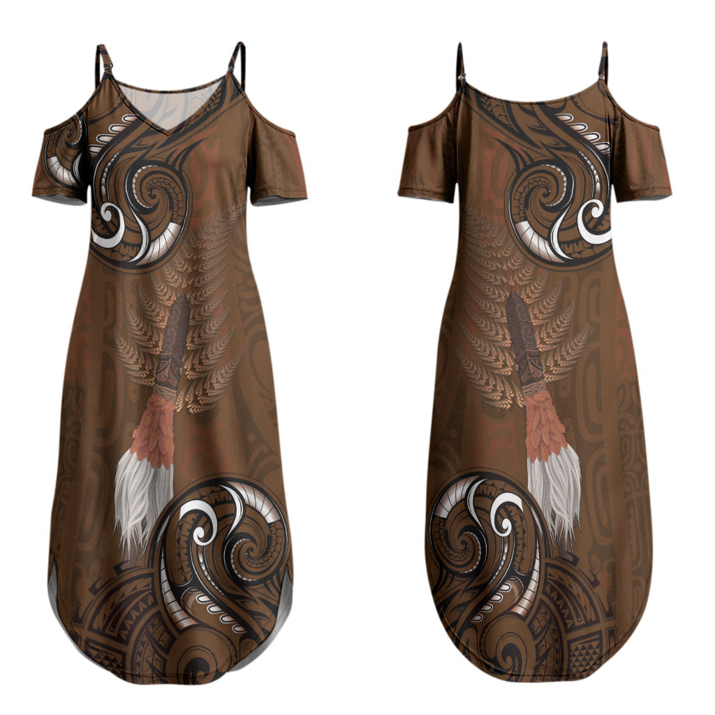 New Zealand Taiaha Couples Matching Summer Maxi Dress and Long Sleeve Button Shirt Maori Weapon Silver Fern Maori Pattern
