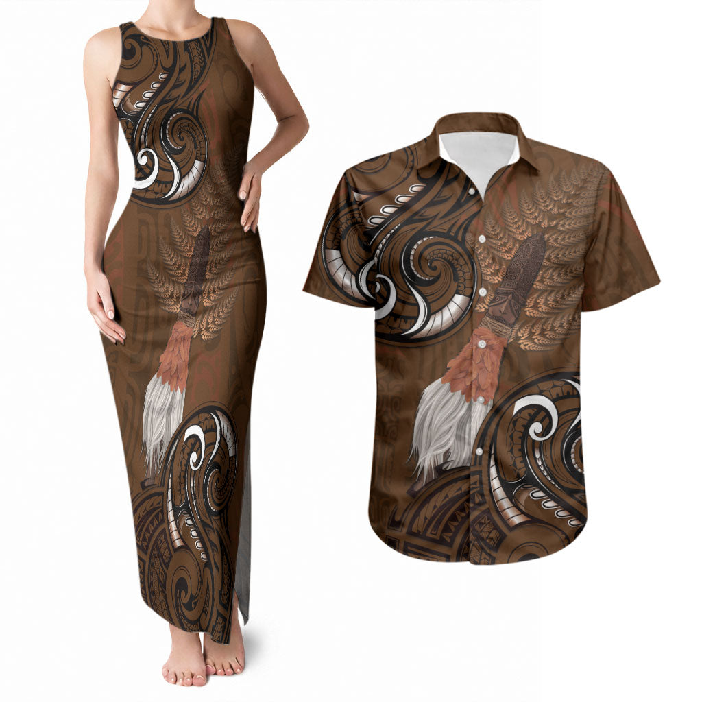 New Zealand Taiaha Couples Matching Tank Maxi Dress and Hawaiian Shirt Maori Weapon Silver Fern Maori Pattern