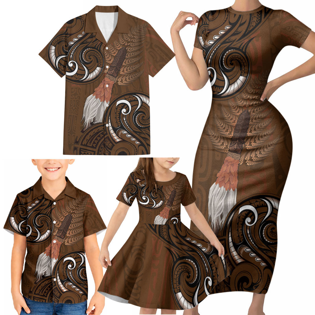 New Zealand Taiaha Family Matching Short Sleeve Bodycon Dress and Hawaiian Shirt Maori Weapon Silver Fern Maori Pattern