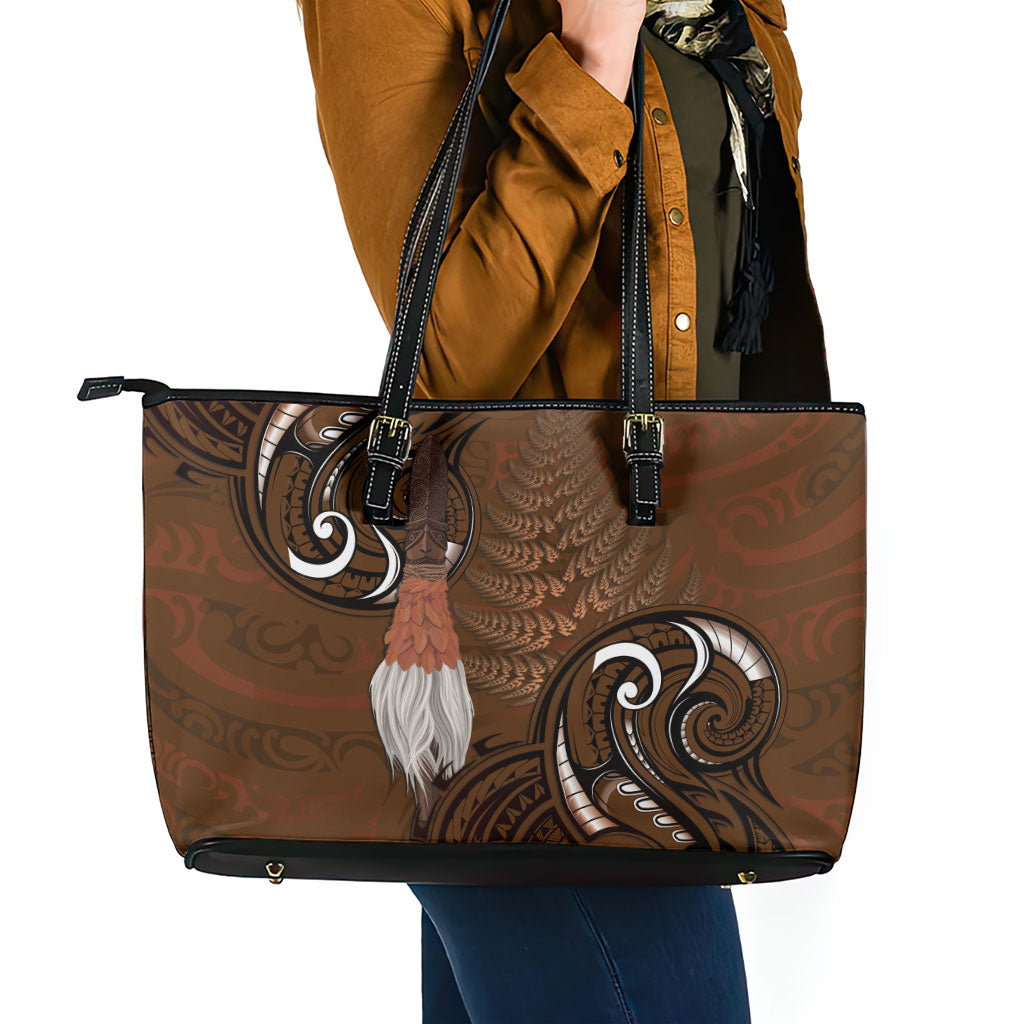 New Zealand Taiaha Leather Tote Bag Maori Weapon Silver Fern Maori Pattern