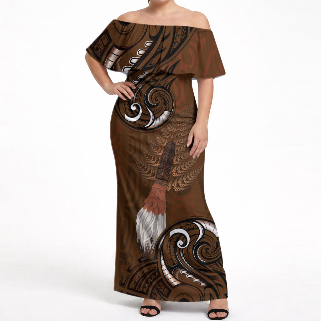 New Zealand Taiaha Off Shoulder Maxi Dress Maori Weapon Silver Fern Maori Pattern