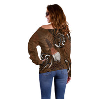 New Zealand Taiaha Off Shoulder Sweater Maori Weapon Silver Fern Maori Pattern