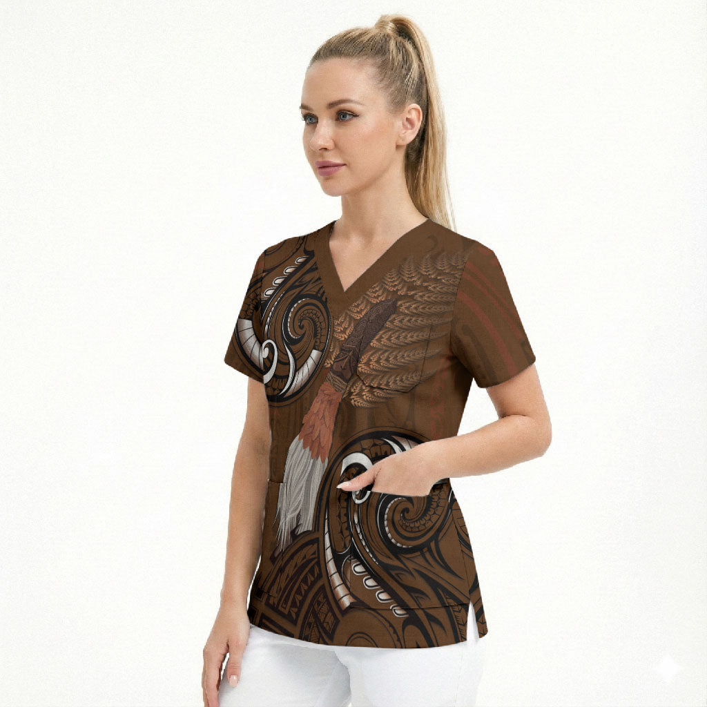 New Zealand Taiaha Scrub Top Maori Weapon Silver Fern Maori Pattern