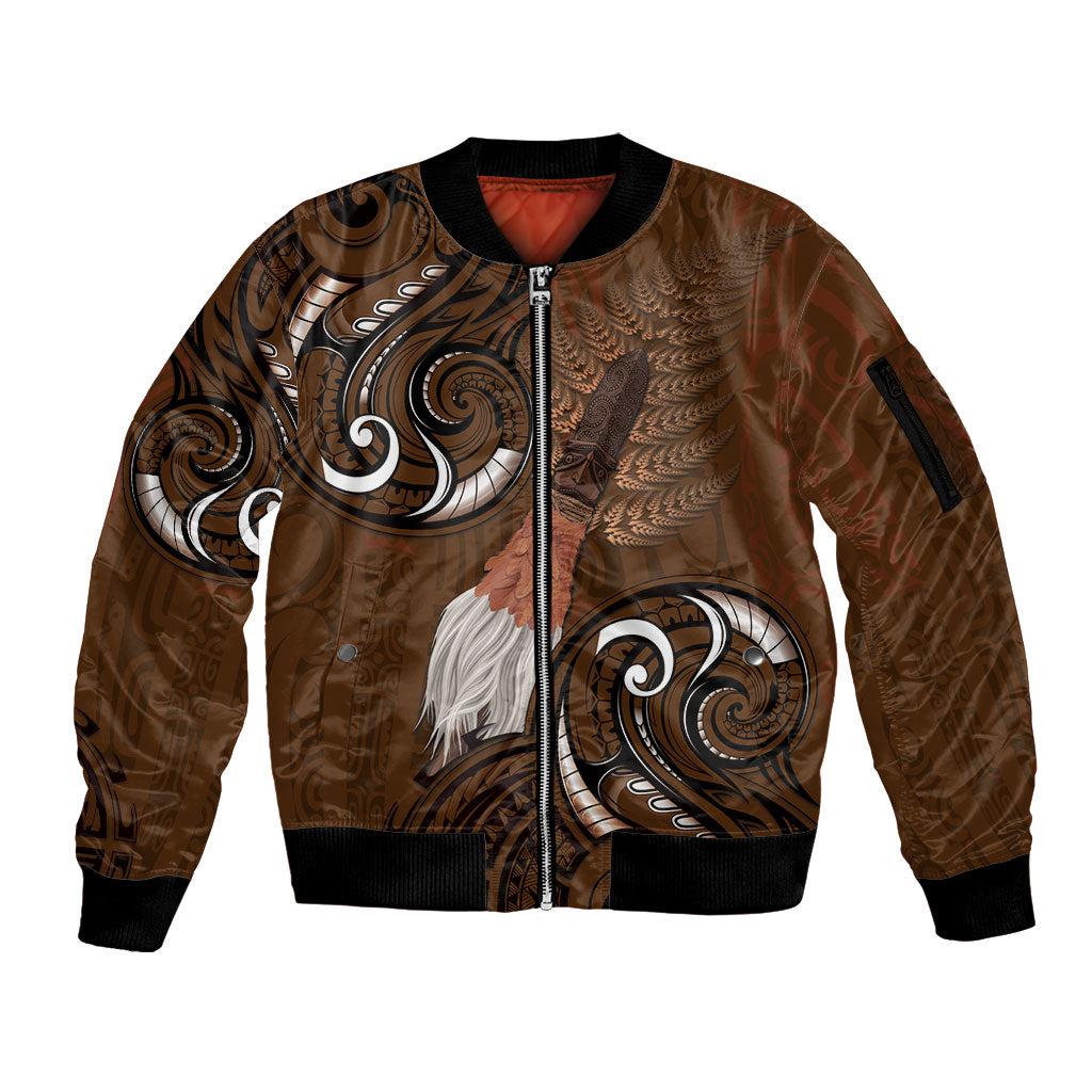 New Zealand Taiaha Sleeve Zip Bomber Jacket Maori Weapon Silver Fern Maori Pattern LT22 Unisex Brown - Polynesian Pride