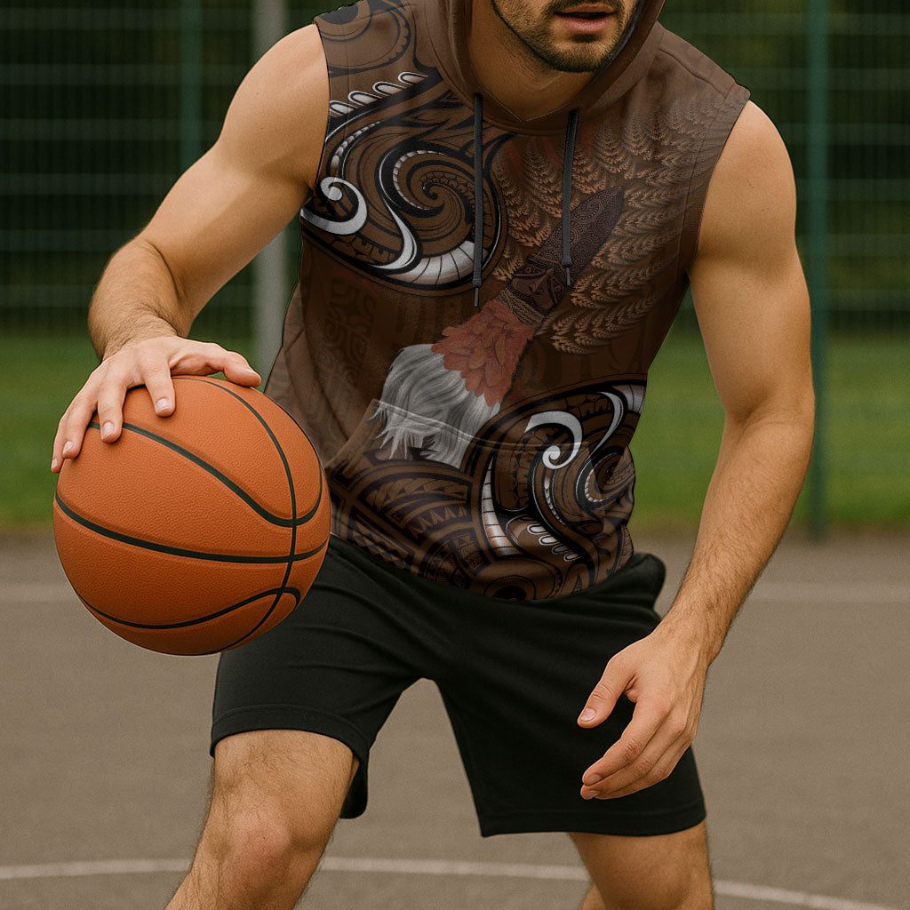 New Zealand Taiaha Sleeveless Hoodie Maori Weapon Silver Fern Maori Pattern